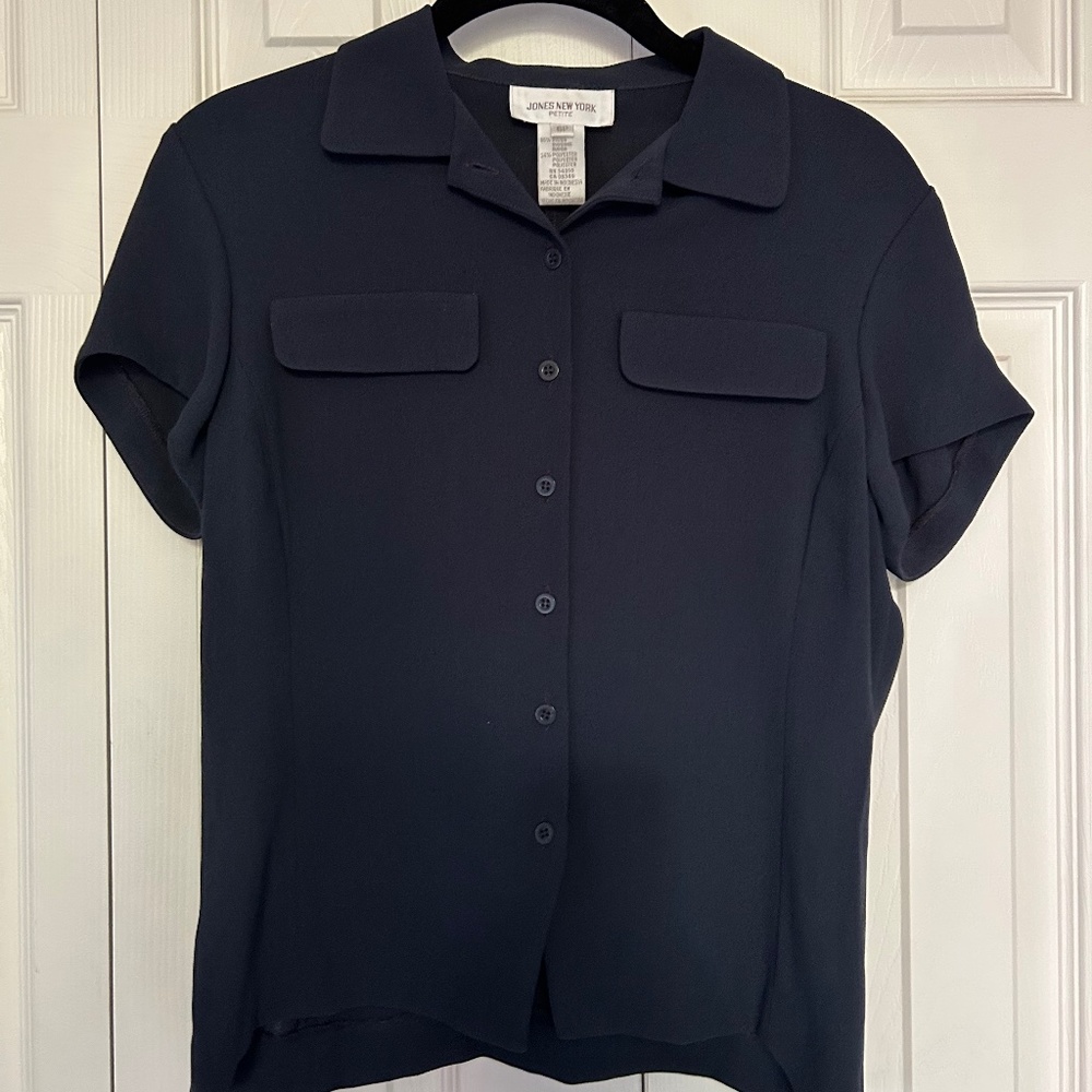 Jones New York Petite Navy Blue Button Up Blouse Size 6P